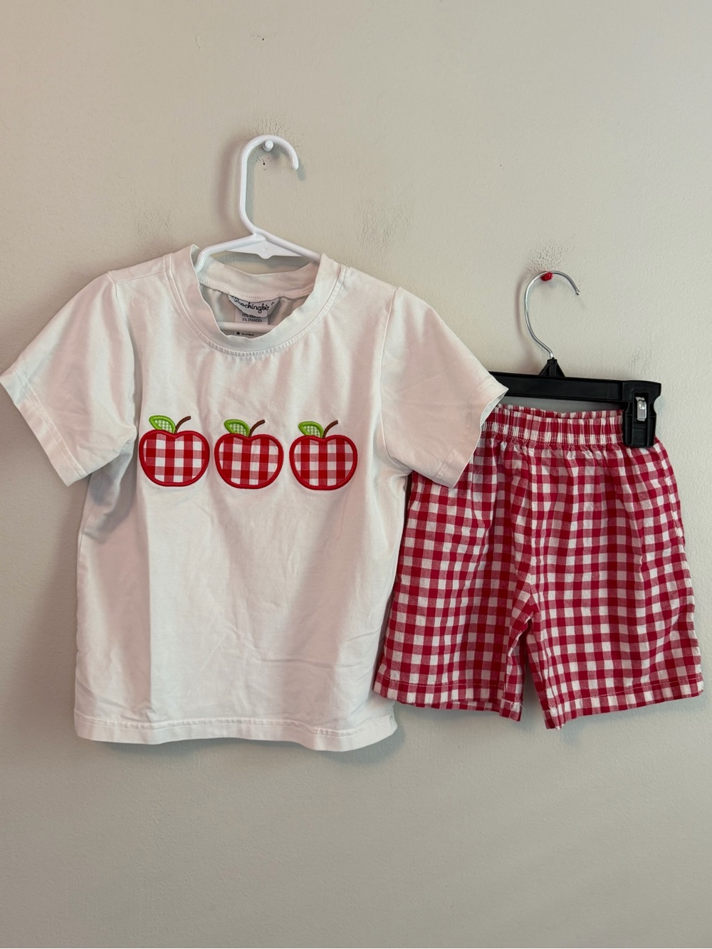 Smockingbird White Tee & Red Gingham Shorts Set with Apples